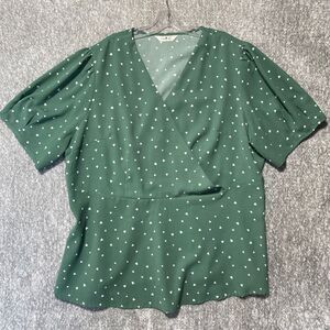 Agnes Orinda Green Heart Print Blouse‎ Short Sleeve Top V-Neck 2X